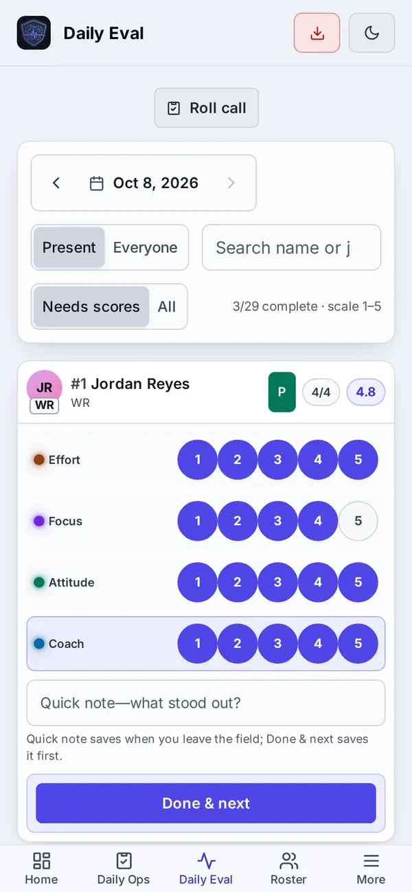RosterPulse daily evaluation screen: Jordan Reyes scored 1 to 5 on effort, focus, attitude, and coachability.