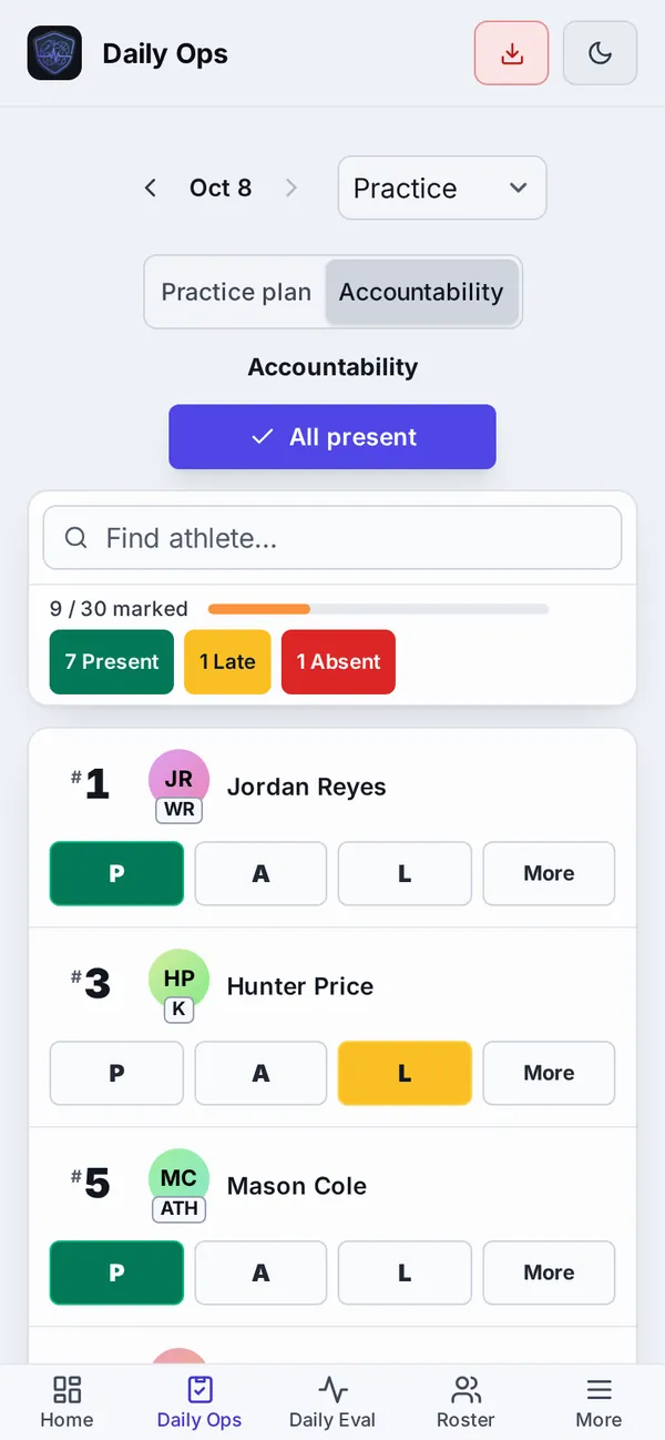 RosterPulse roll call screen: 9 of 30 athletes marked, with Present, Absent, and Late buttons beside each athlete.